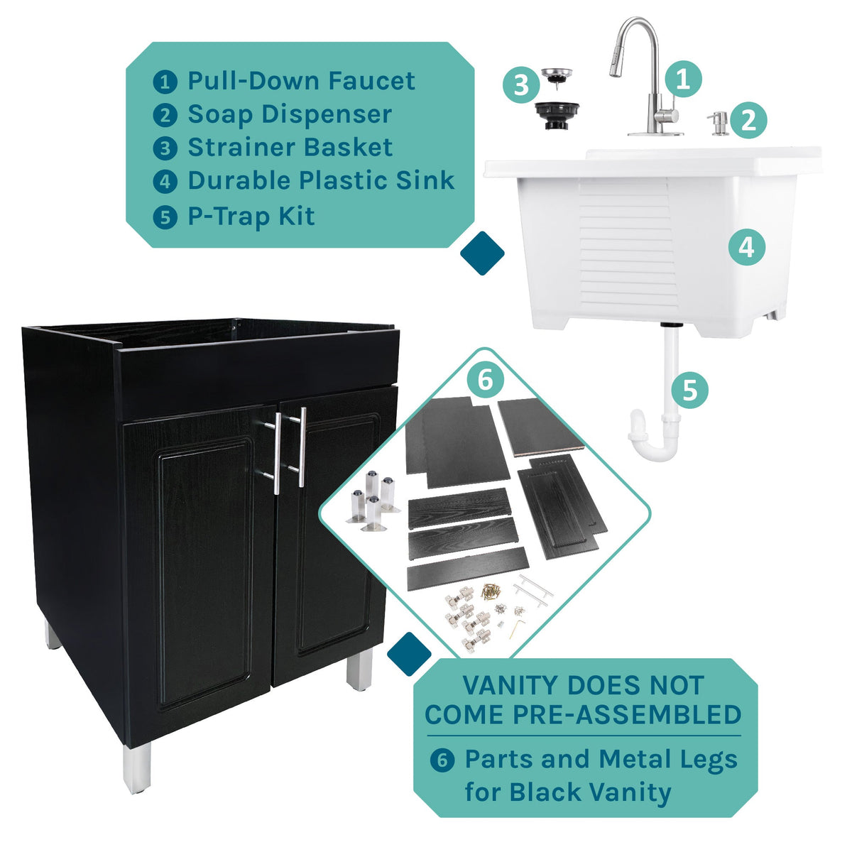 Tehila Black Vanity Cabinet and White Utility Sink with Stainless Steel Finish High-Arc Pull-Down Faucet